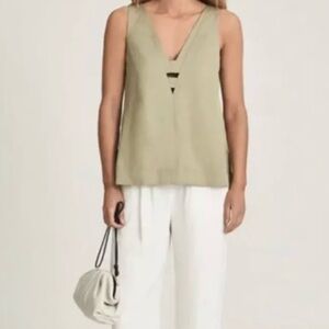 Reiss Emi V-Neck Viscose Linen Tank Top Womens Size 2 Green Khaki Sleeveless